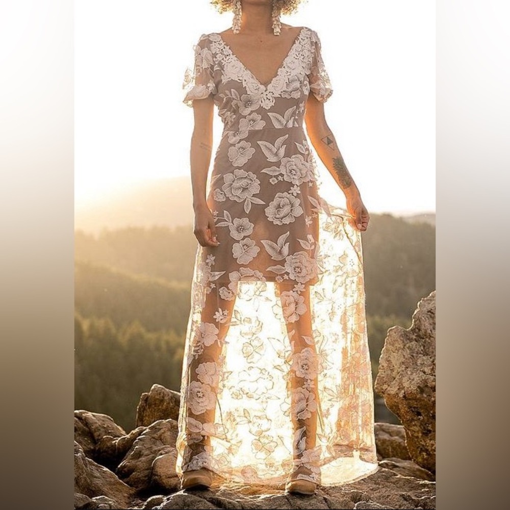 New! Joyfolie Mia joy Valencia embroidered maxi dress cream womens short sleeve